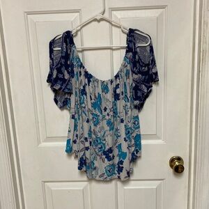 Free People Baja Babe Cold Shoulder Low Tie back Top Drape  Blue Floral